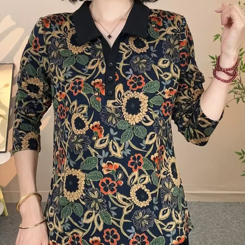 2025中老年女装秋季碎花弹力小衫妈妈宽松T恤长袖小衫宽松打底衫