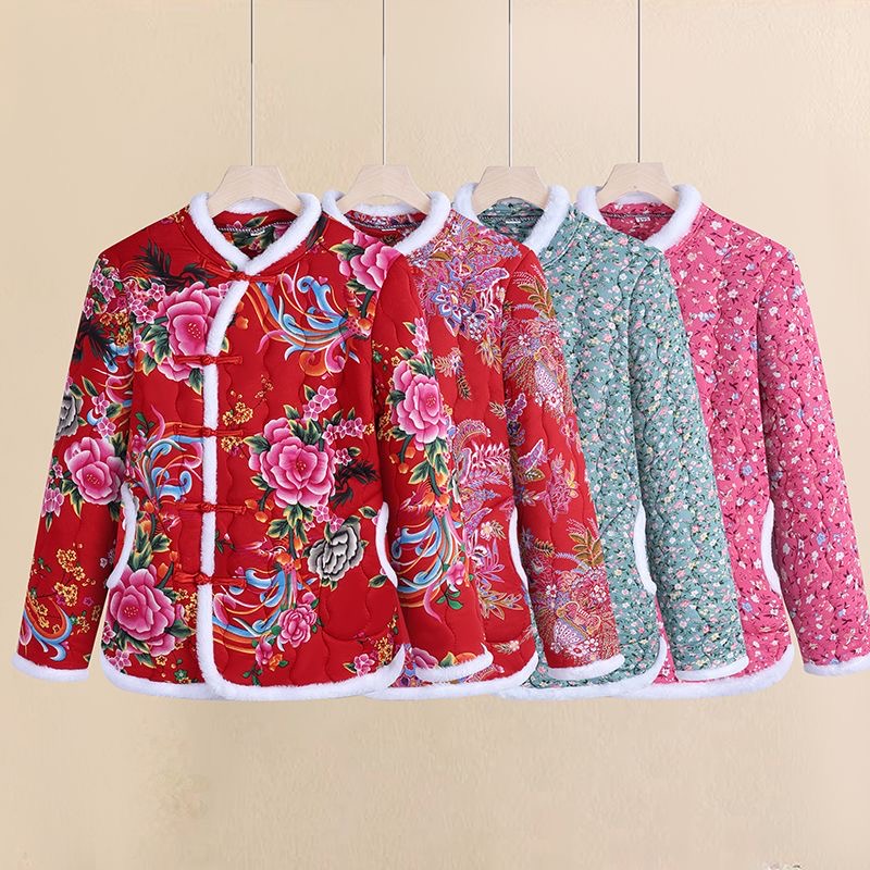 冬季中式复古立领宽松型棉服厚款保暖碎花棉衣白毛边盘扣民族风