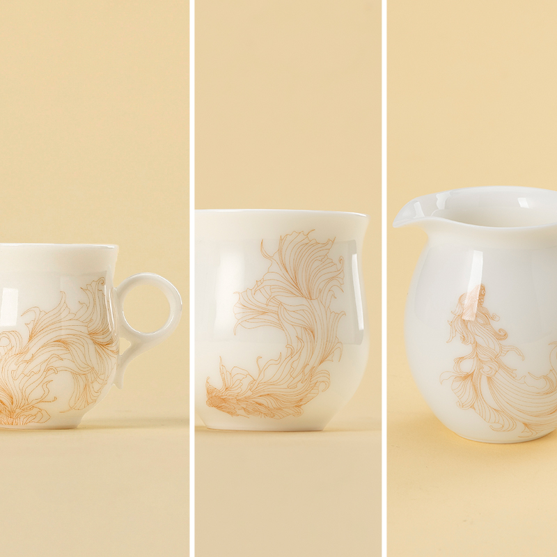 月记窑  “如鱼得水”羊脂玉瓷西施壶三人组系列配单件