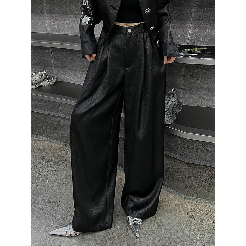 Esu原创设计新款高腰设计感光泽缎面垂感阔腿裤女宽松黑色秋季
