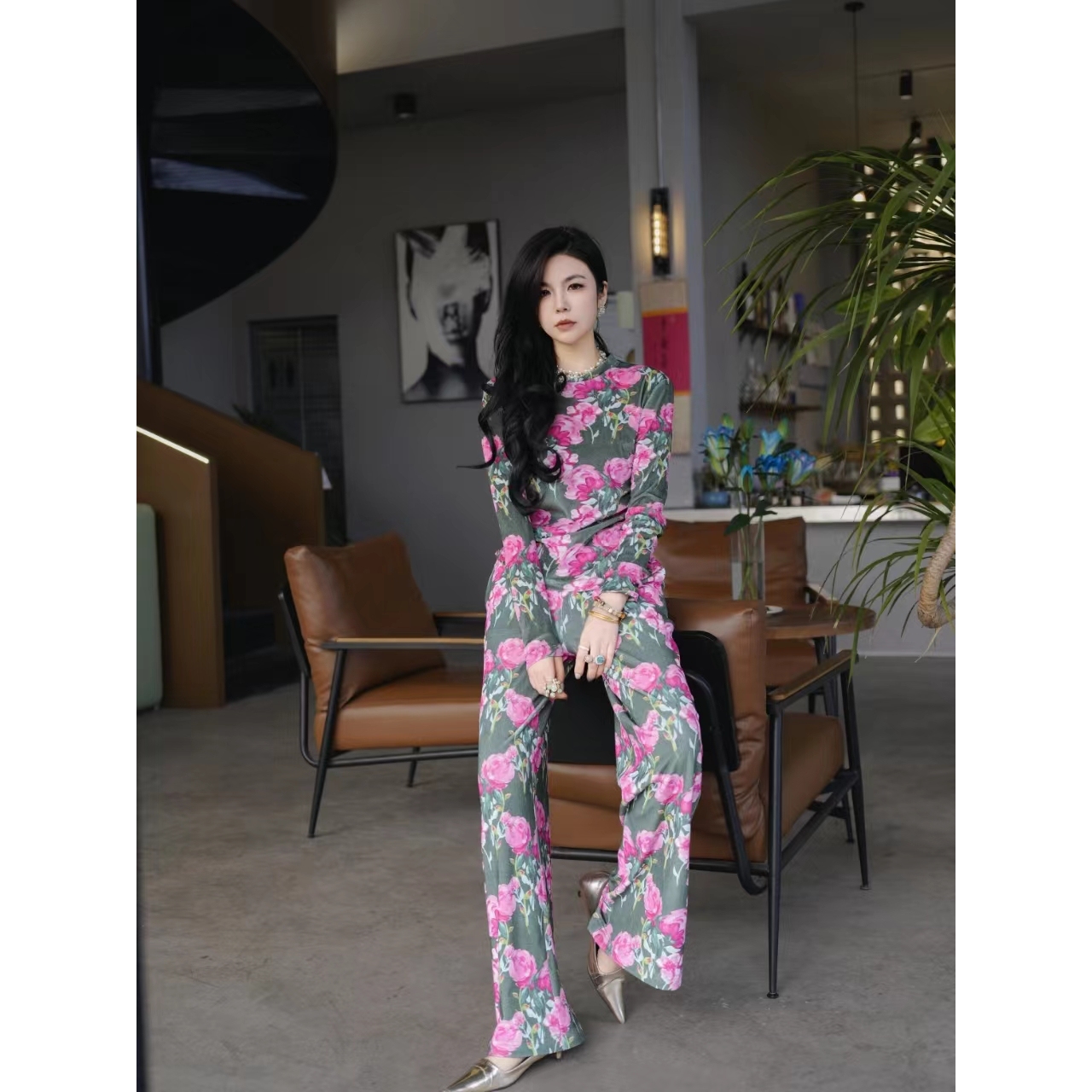 HZHJ设计师新款红绿花影套装气质高贵时尚轻奢长袖1462 碎花