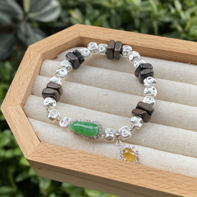 山岚问玉 绿瓜翡翠路路通蛋面黄翡滴溜设计款手串女款气质单圈