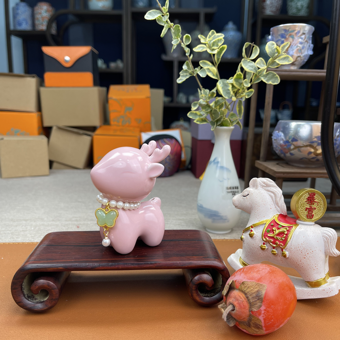 422陶瓷小鹿摆件一鹿相随茶摆件装饰