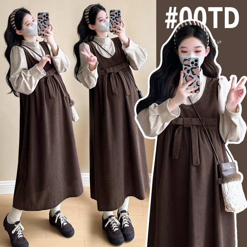 孕妇2025 新款加绒打底衫+蝴蝶结灯芯绒裙背心裙两件套孕妇套装