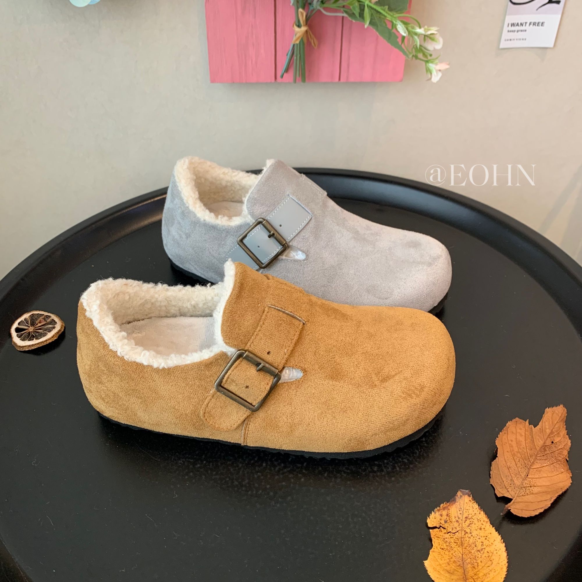 【eohn】2025冬季加绒轻便勃肯鞋简约时尚百搭舒适棉鞋韩版ins