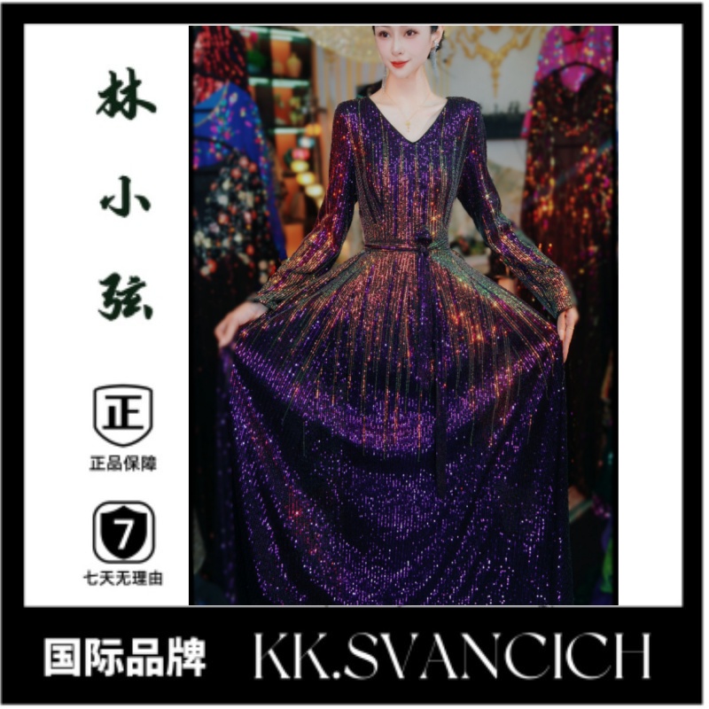 886新款紫色亮片连衣裙爆款显瘦优雅大方显高腰带连衣裙