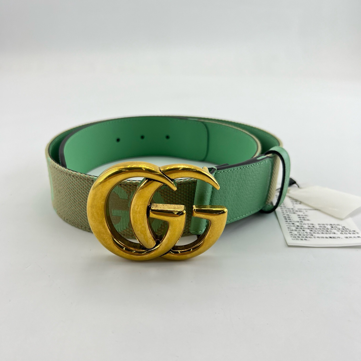 未使用 GUCCI/古驰 80cm×4cm/绿色做旧金扣双G按扣腰带/15651116