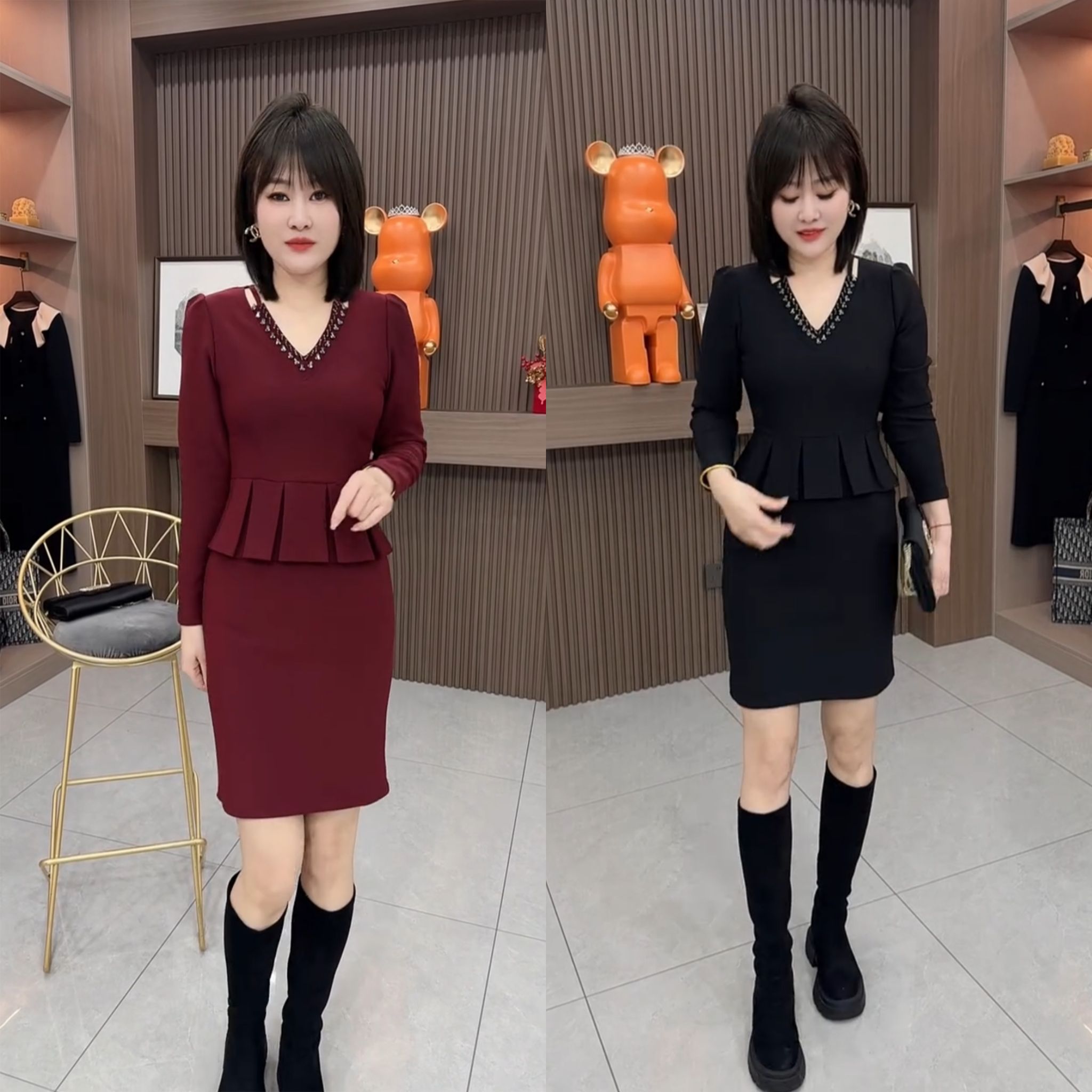 新款V领假两件连衣裙女修身遮肉显瘦洋气百搭重工气质裙子