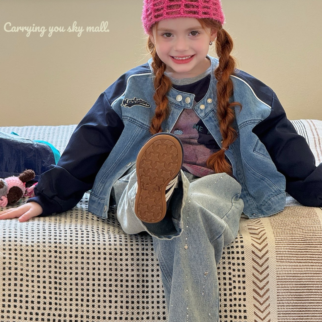 拼色圆领春秋女牛仔外套春季上衣宽松复古牛仔套装