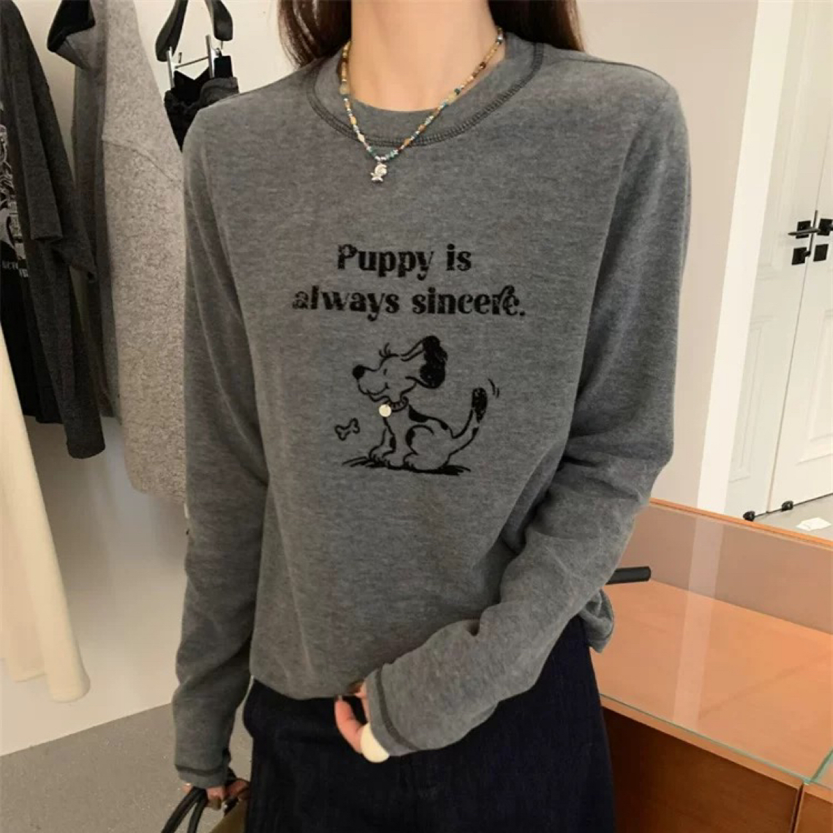 钱多多圆领明线印花长袖T恤秋冬女打底衫21061