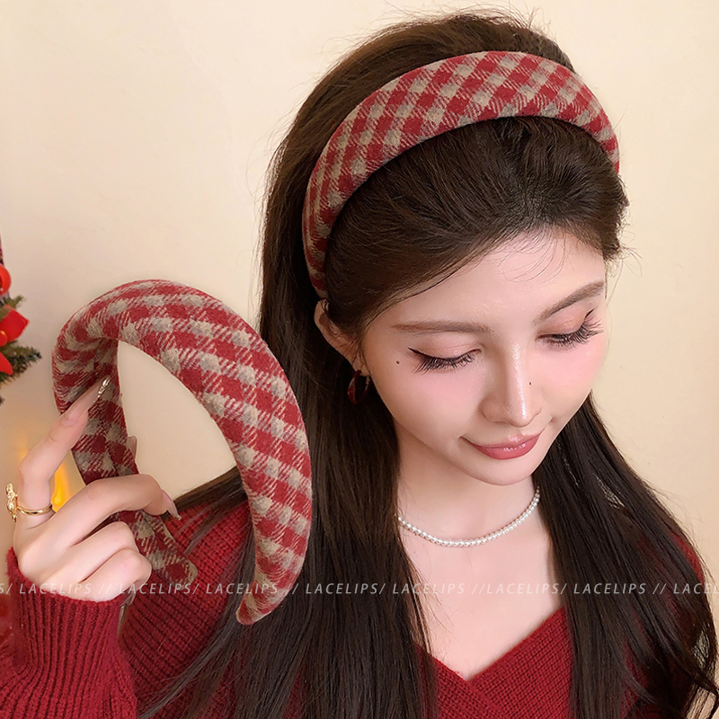红色毛呢格纹发箍女2025新款高颅顶头箍新年氛围感发卡巨好看头饰