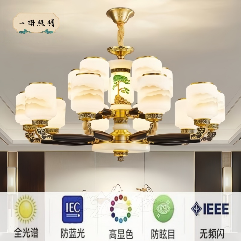 青松迎客实木款新中式全铜吊灯自建房别墅复式楼大厅主灯茶餐厅灯