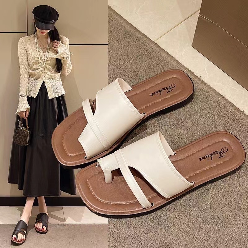 一字式扣带低帮鱼嘴平跟时装凉鞋半拖夏季韩版平底软底沙滩鞋