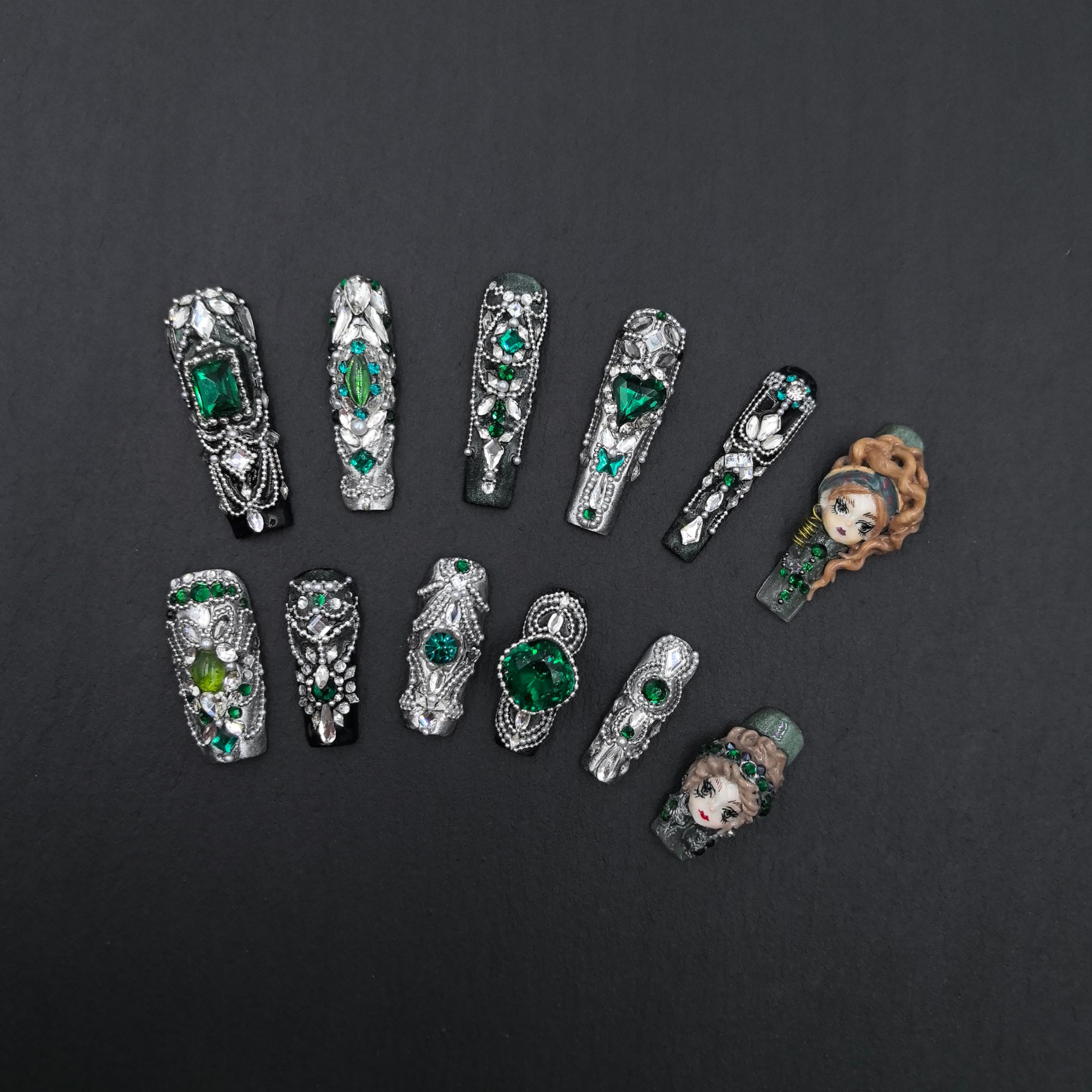 安夏 绿野宝石12片 纯手工穿戴甲贴片重工设计私定款