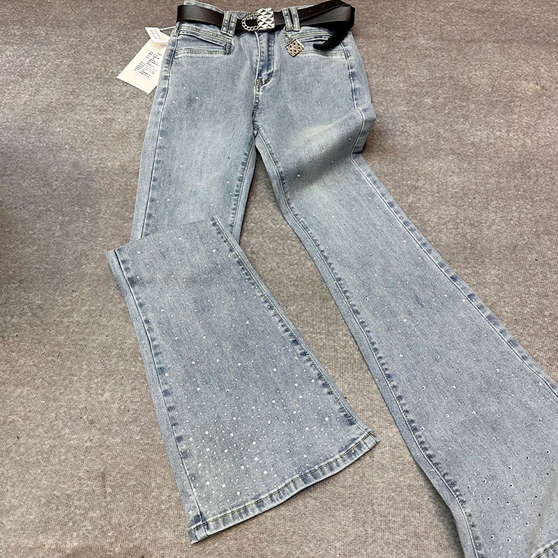 808 重工烫钻高腰微喇显腿长牛仔裤女潮 