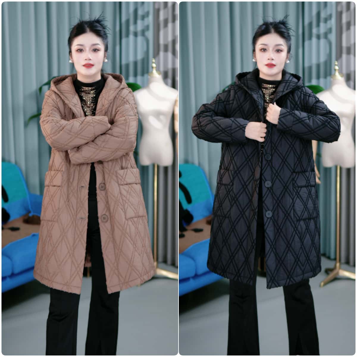 冬季新款【加棉加绒】保暖中长款连帽棉衣外套气质宽松加厚棉服1833