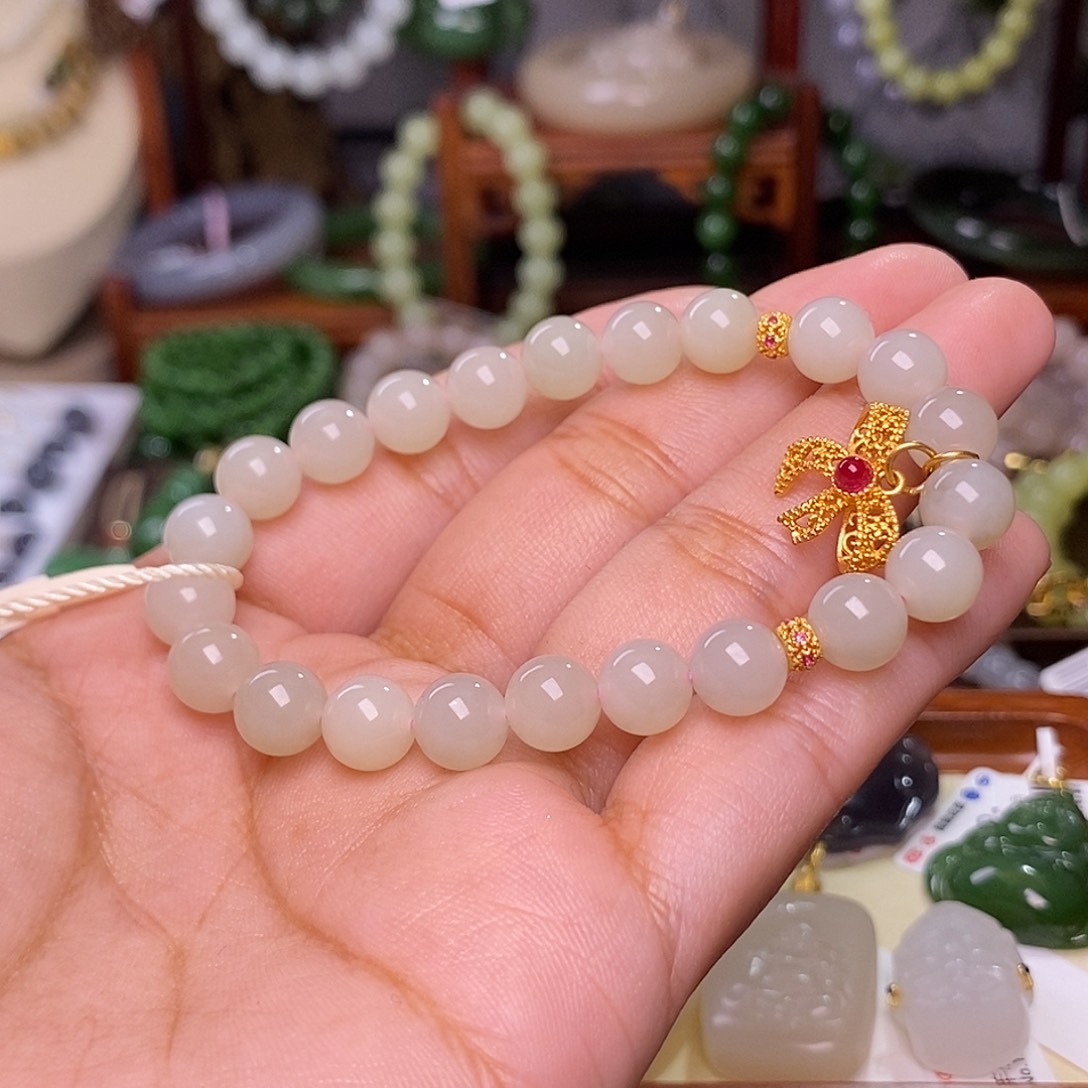 和田玉福利补贴藕粉约8mm手串未镶嵌