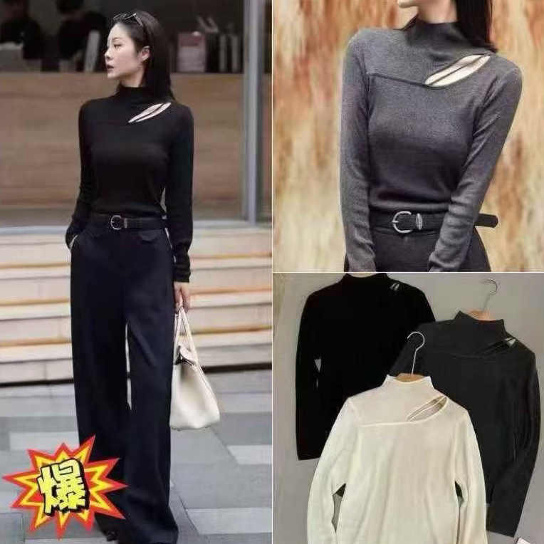 设计感半高领加绒长袖T恤秋冬修身显瘦百搭打底衫女小心机