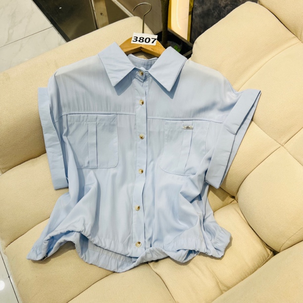 3807蓝#法式气质蓝色小飞袖衬衫女夏季