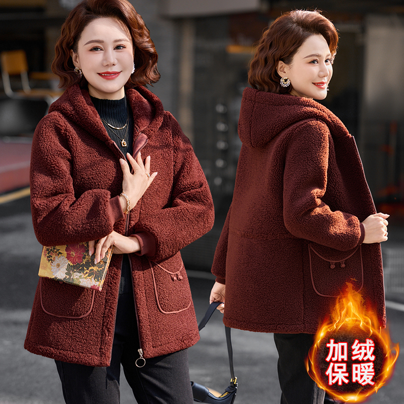 2025新款妈妈冬装外套颗粒绒棉衣中老年女装连帽加绒加厚保暖棉服