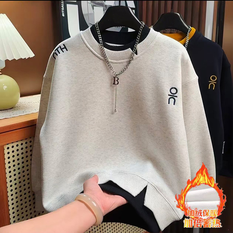 加绒字母假两件保暖卫衣印花休闲宽松男童卫衣洋气中大童长袖