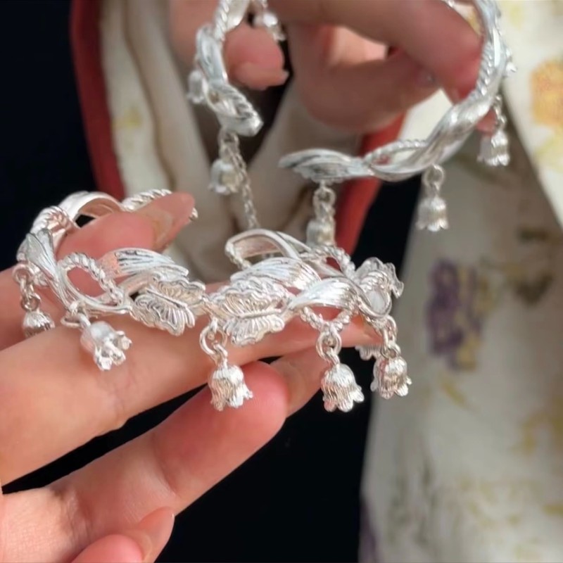 足银手镯 足银21号【铃兰花】足银999开口手镯实心重工35g