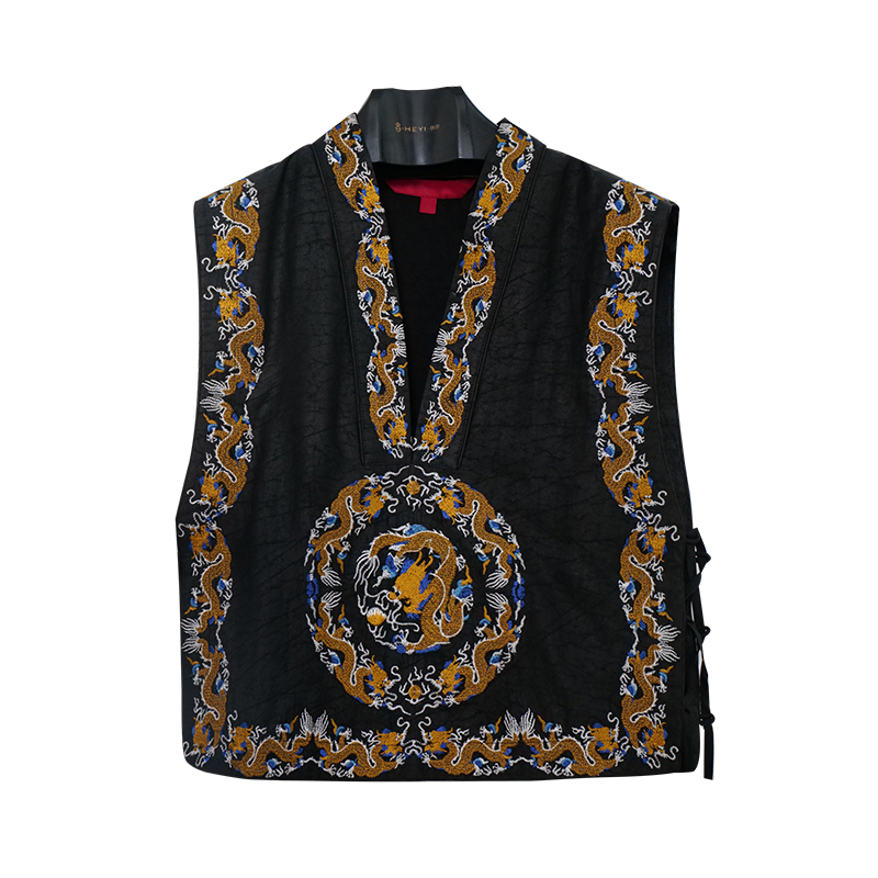 娑尔100桑蚕丝黑底团龙刺绣系带马夹SH1SB01996