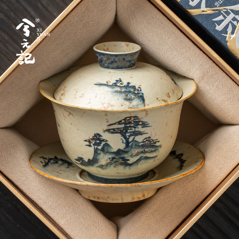 手绘山水三才盖碗茶杯三件套单个高档泡茶碗带盖家用功夫茶具器具