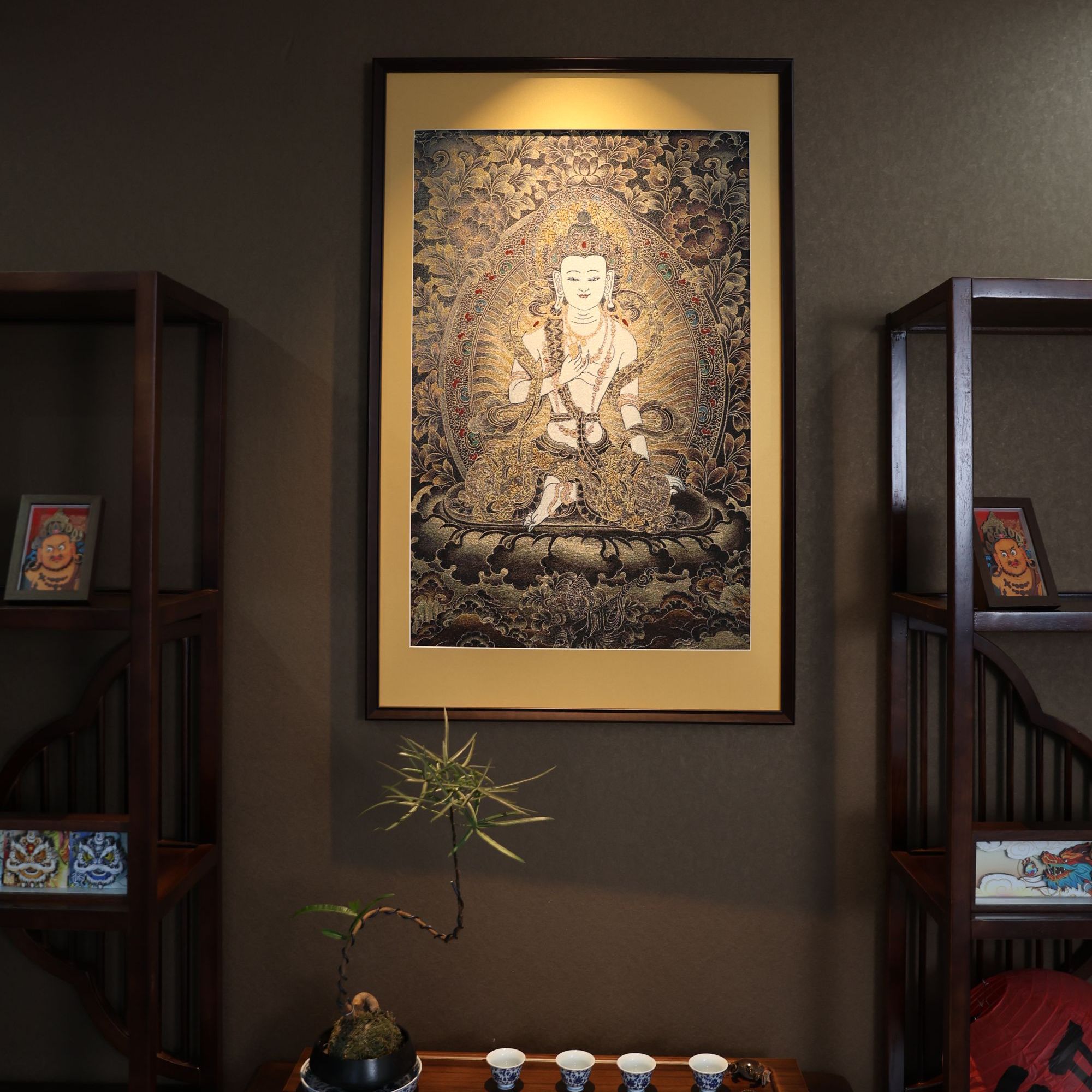刺绣材质【大势至普萨】A款挂画实木装裱办公室玄关茶室书房装饰画
