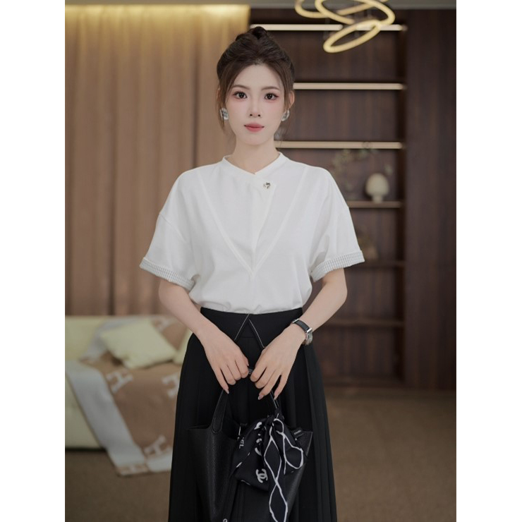 TITI定制【佩里月光】轻奢气质拼接格子边百搭短袖T恤女TL3903460