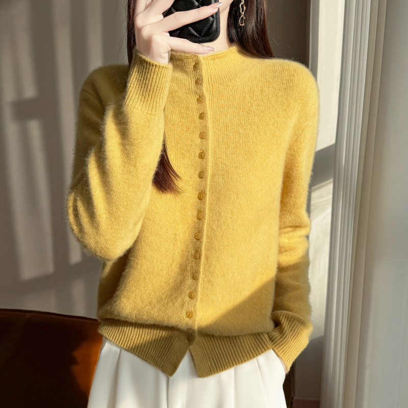 重磅加厚100纯羊毛冬季新款保暖圆领开衫女排扣毛衣针织衫羊毛衫