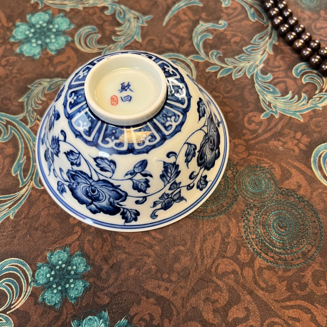 柴窑缠枝莲牡丹撇口茶杯茶具100cc