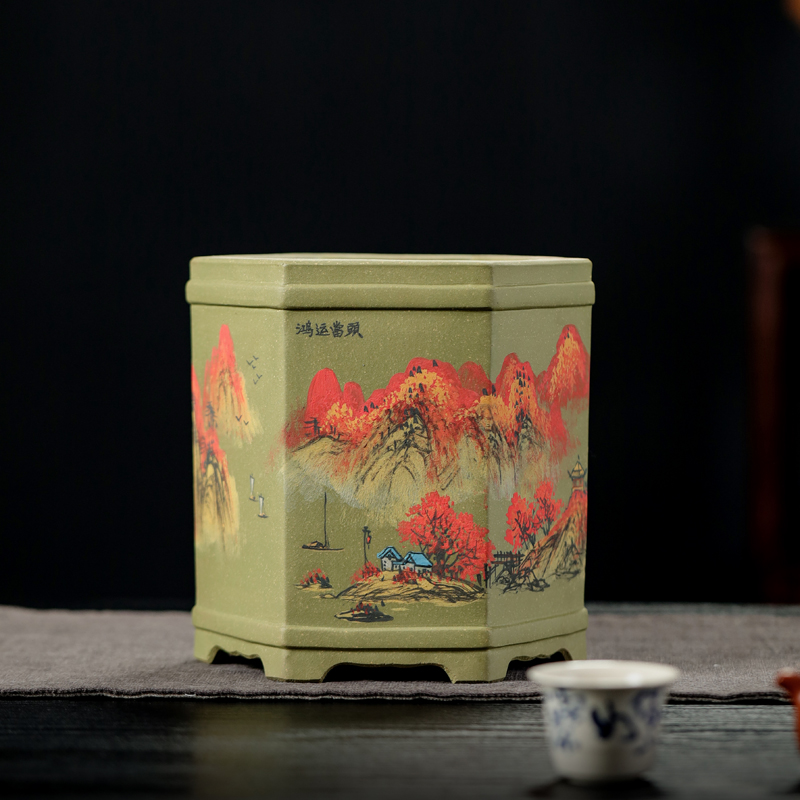 宜兴紫砂苹果绿六方彩绘山水兰花君子多肉松柏虎皮兰竹子精品花盆