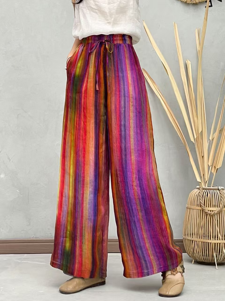 Yiwen2024春季新款纯苎麻彩条数码印花抽绳裤阔腿裤女1048