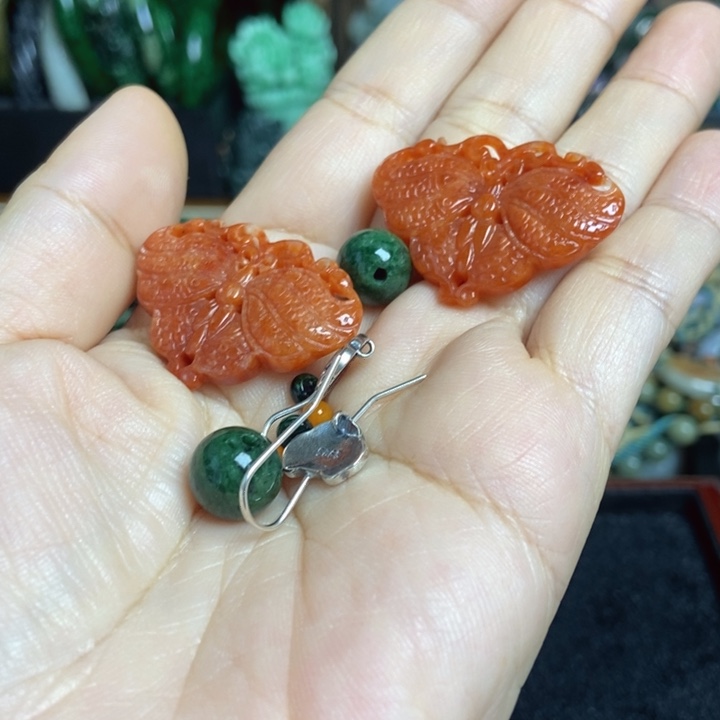 翡翠散珠东****甲蝴蝶耳坠一对