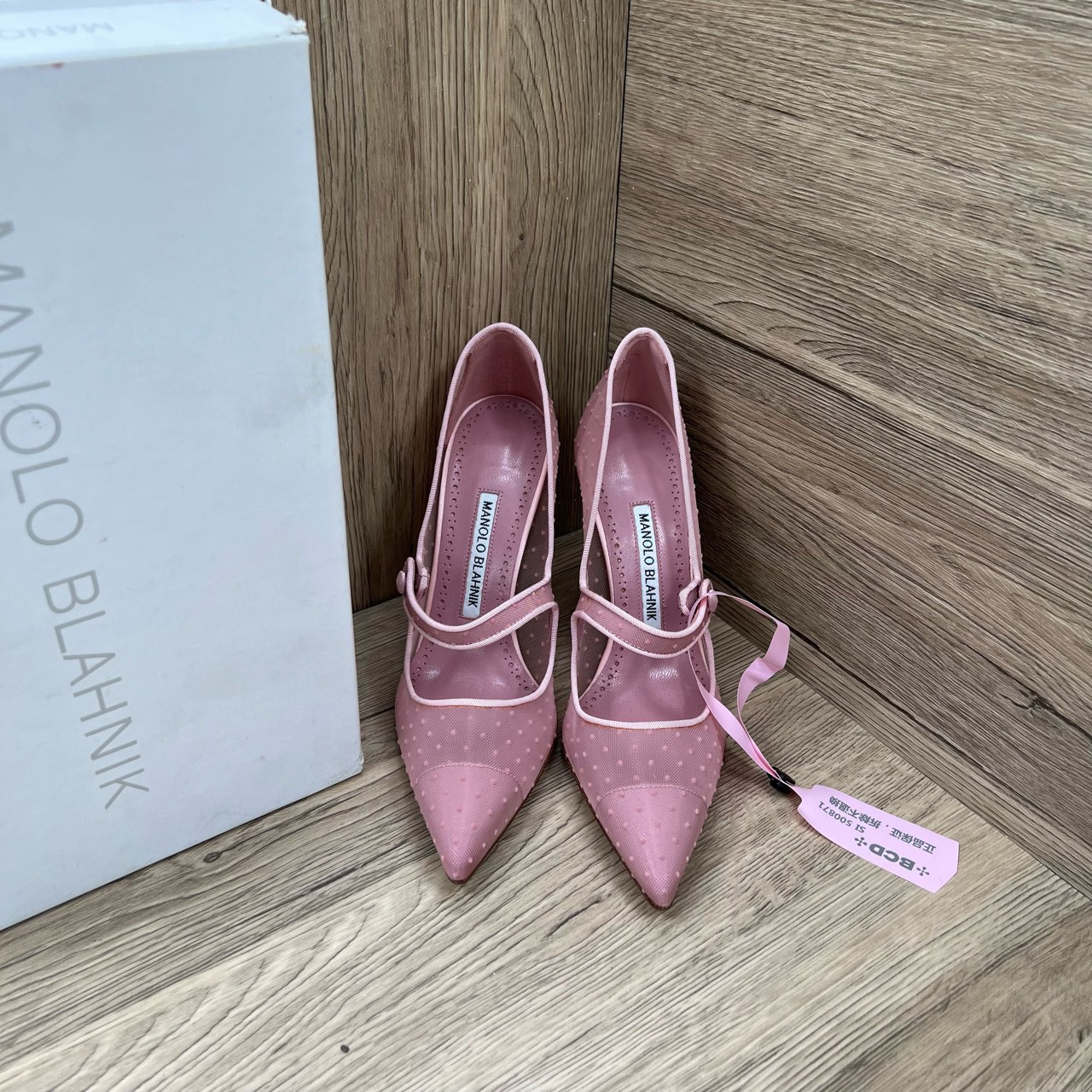 95新 MANOLO BLAHNIK/莫罗·伯拉尼克 粉色网纱高跟鞋 37码/原盒防