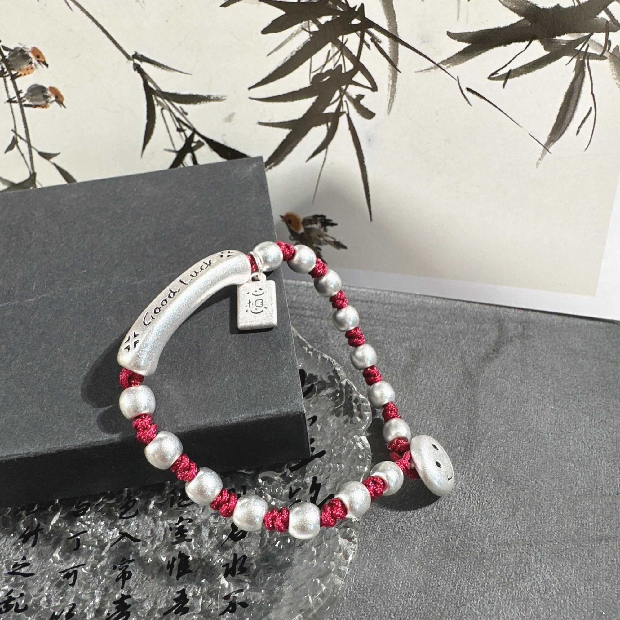 足银手链 goodluck好运笑脸手链时尚红绳手链时尚百搭耐看