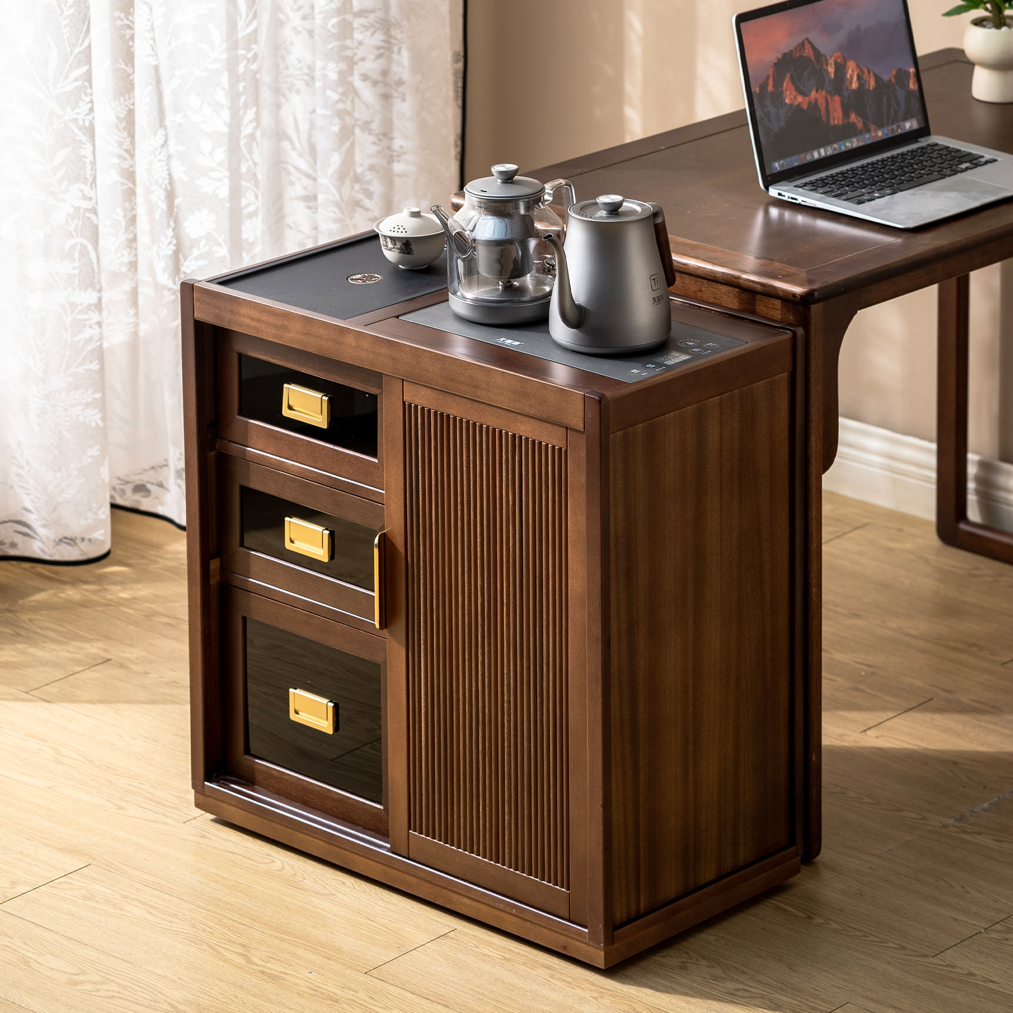 实木家用可移动多功能茶水柜可移动茶桌边柜烧水泡茶储物柜沙发边