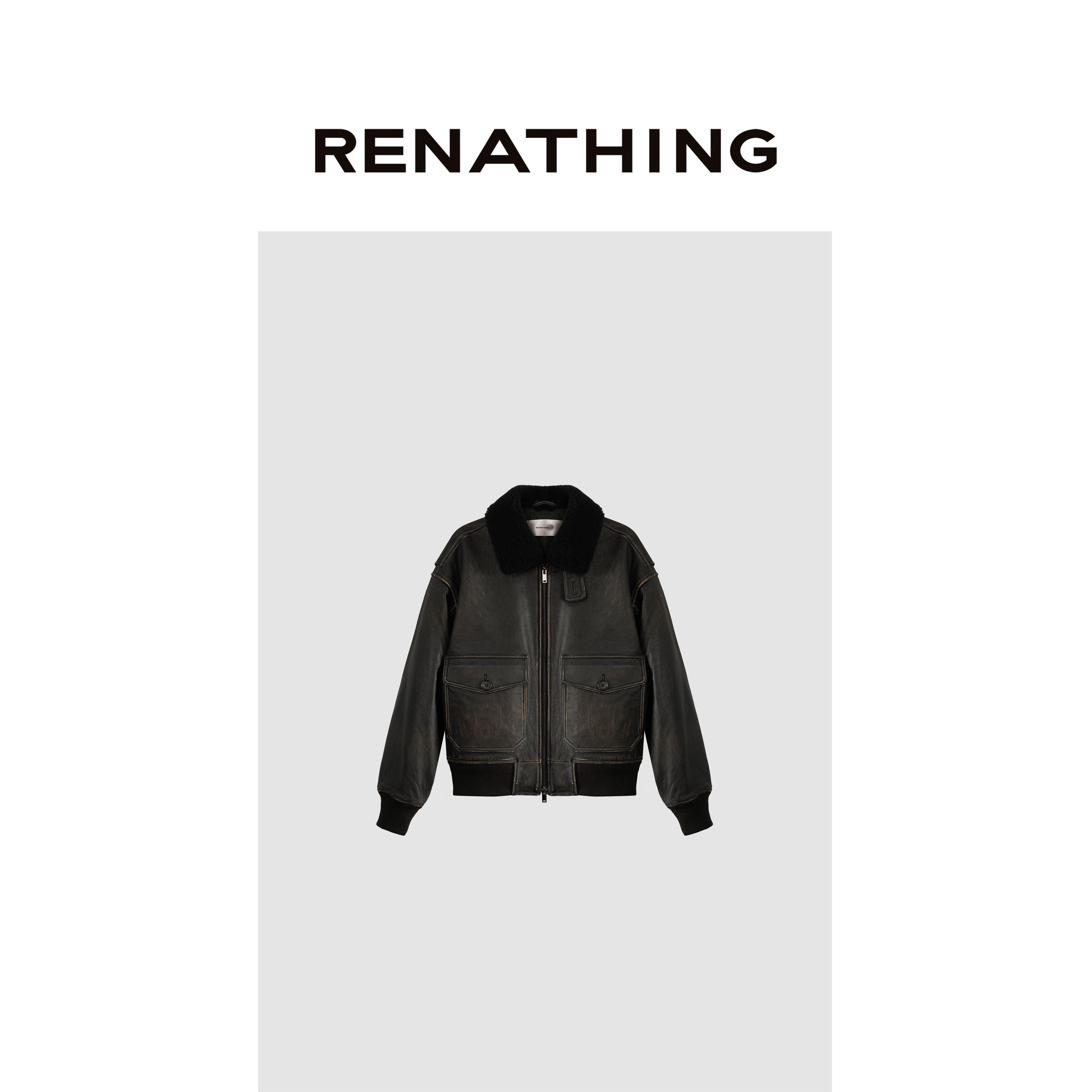 【RENATHING】擦色做旧大口袋皮衣夹克