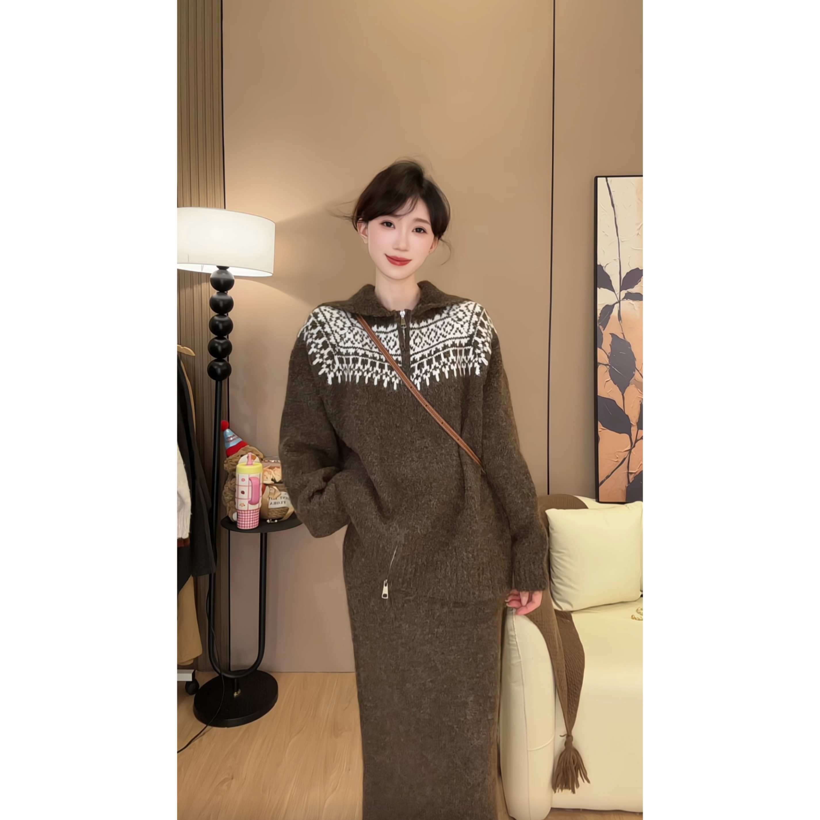 秋冬新款韩版两件套装女 针织百搭毛衣女半身裙显瘦宽松提花#922