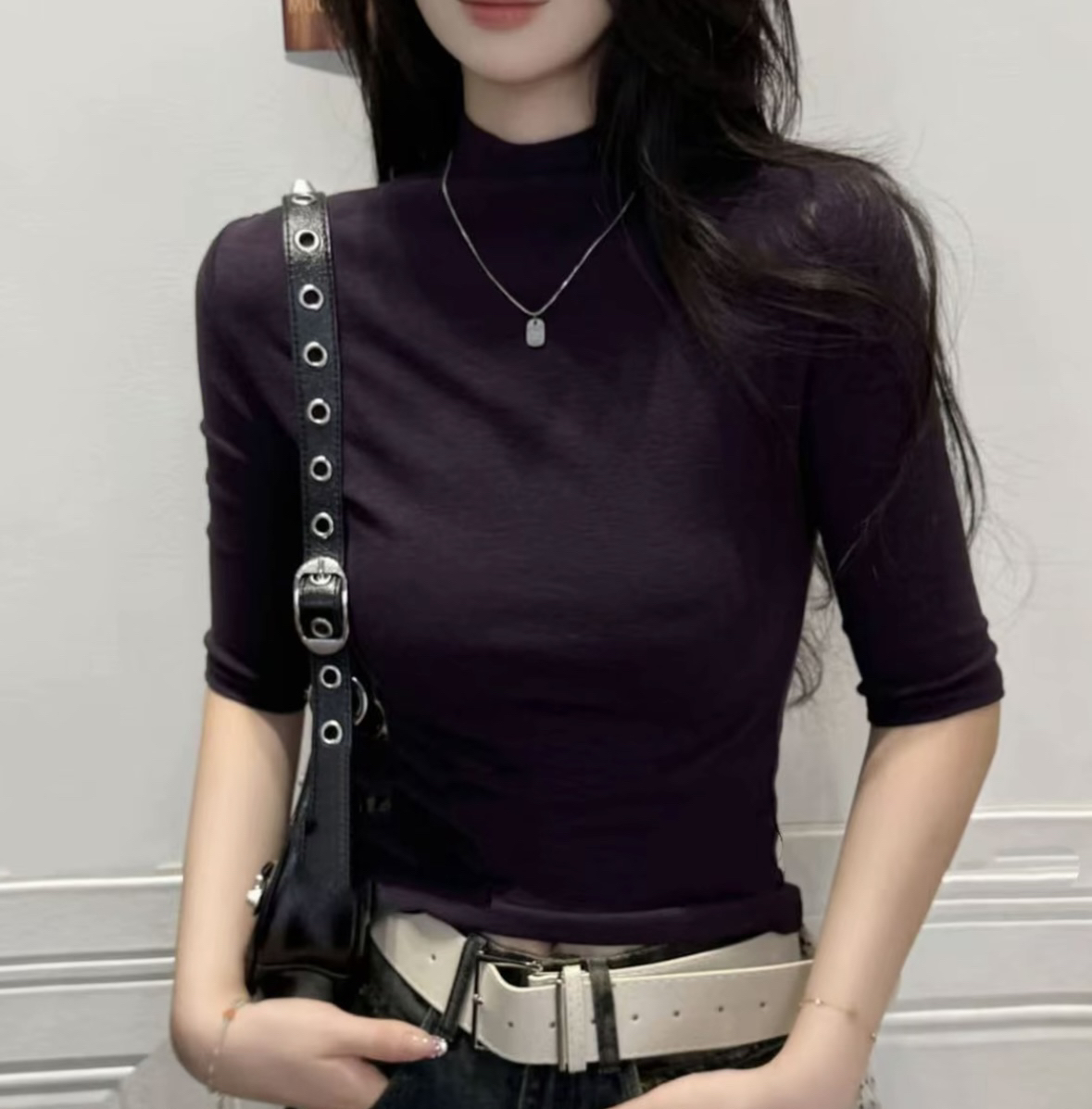 优可丝棉五分袖贝壳款修身型内搭显瘦款t恤女打底衫气质百搭上衣