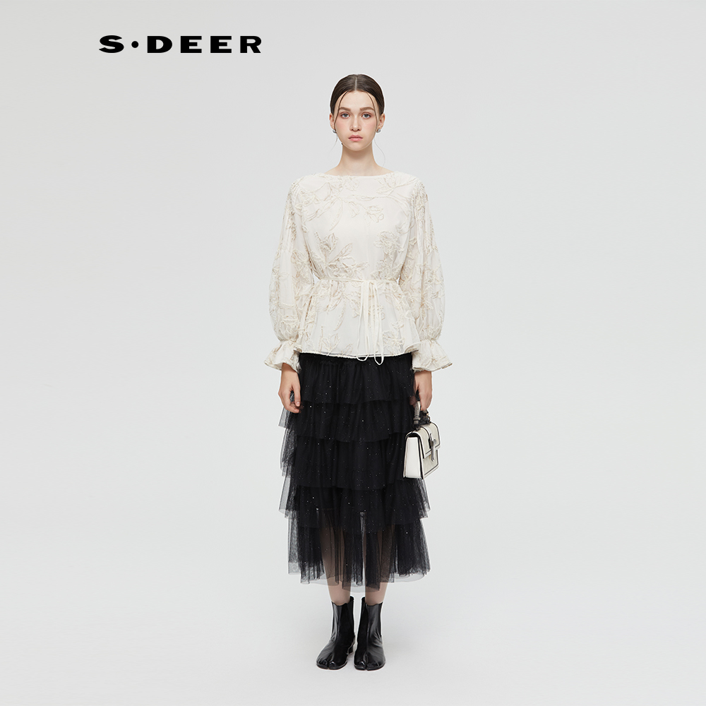 【粉丝专享】圣迪奥秋季花朵刺绣衬衫系带修腰型长袖上衣S253Z0576