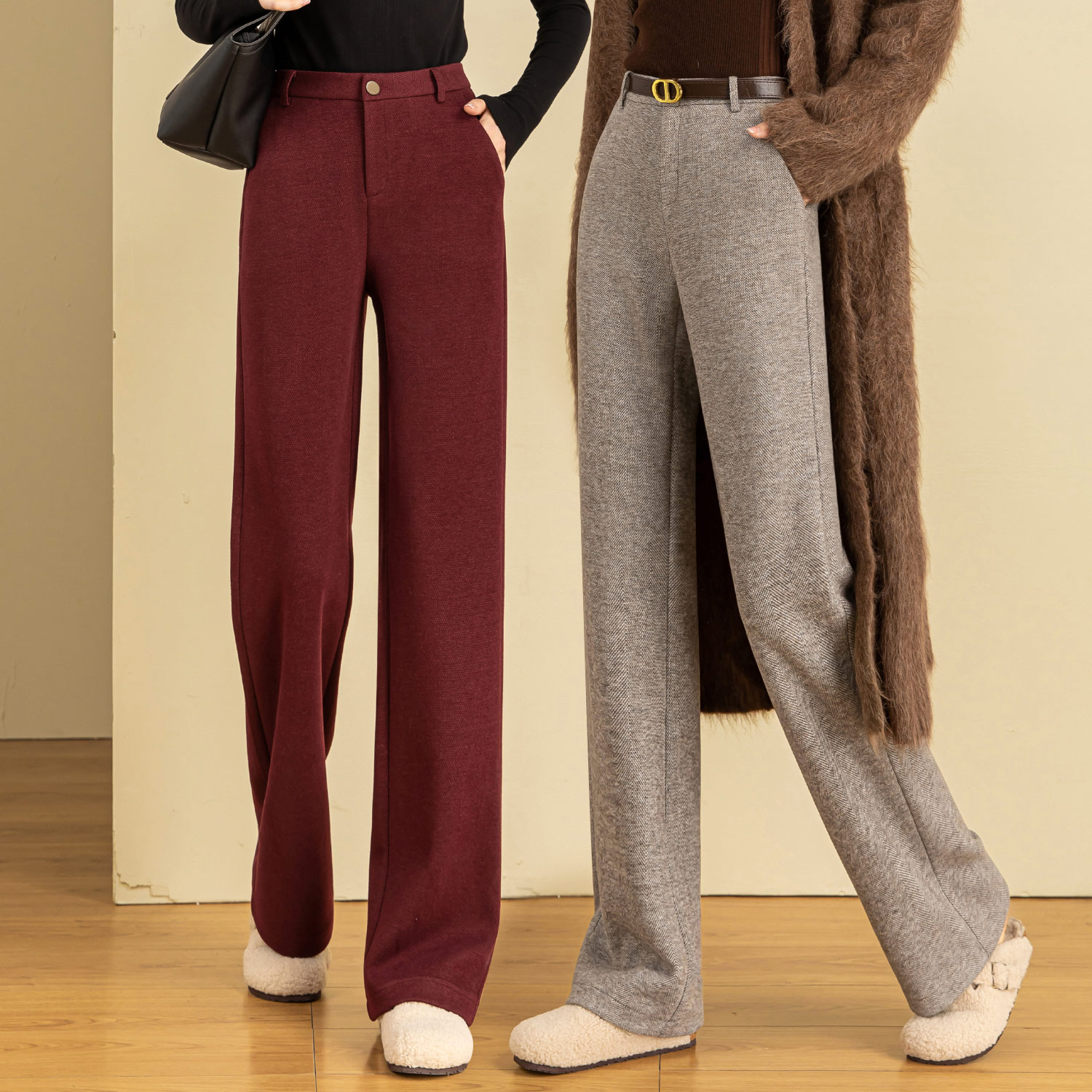雅思诚羊毛呢窄版阔腿裤高腰保暖宽松2025休闲垂感柔软后松紧女裤