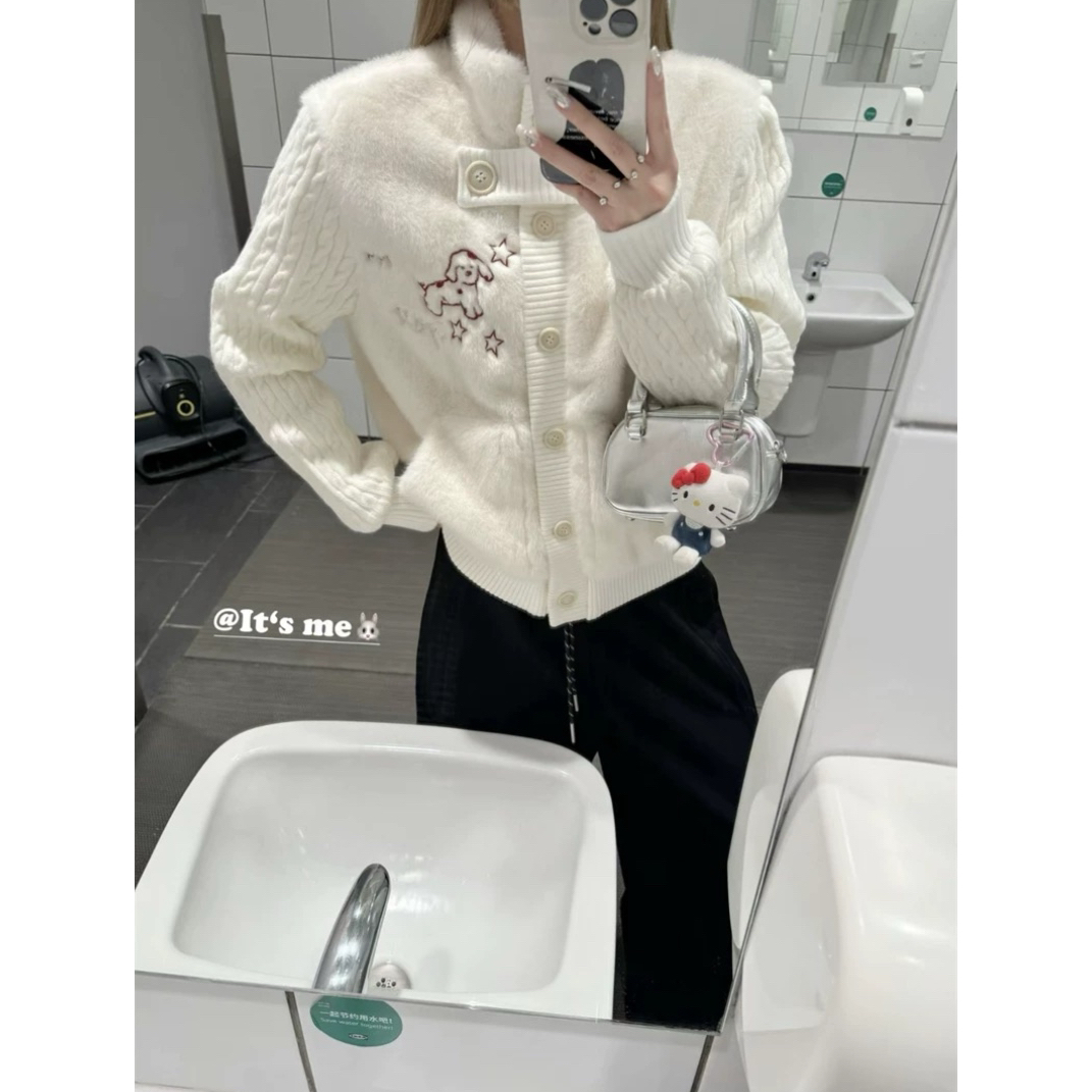 【小黄梨】韩系甜美针织拼接毛绒小狗百搭软糯毛衣开衫外套