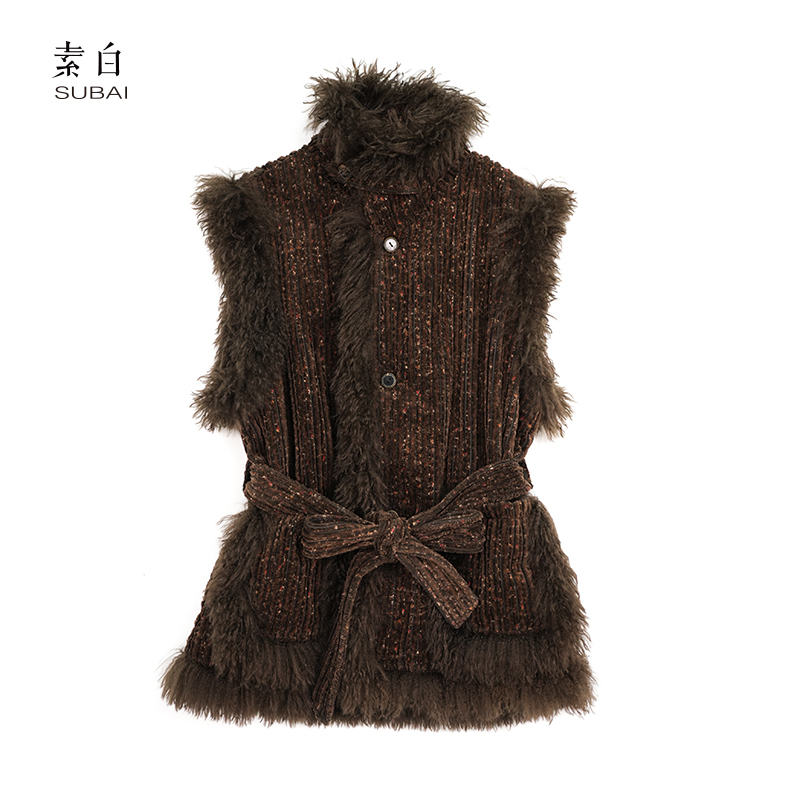 素白【画布】J02219美拉德立领无袖毛边带腰带棉马甲