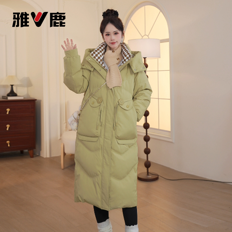 V/雅鹿树树白鸭绒中长款羽绒服时尚连帽东西加厚宽松过膝女士冬季