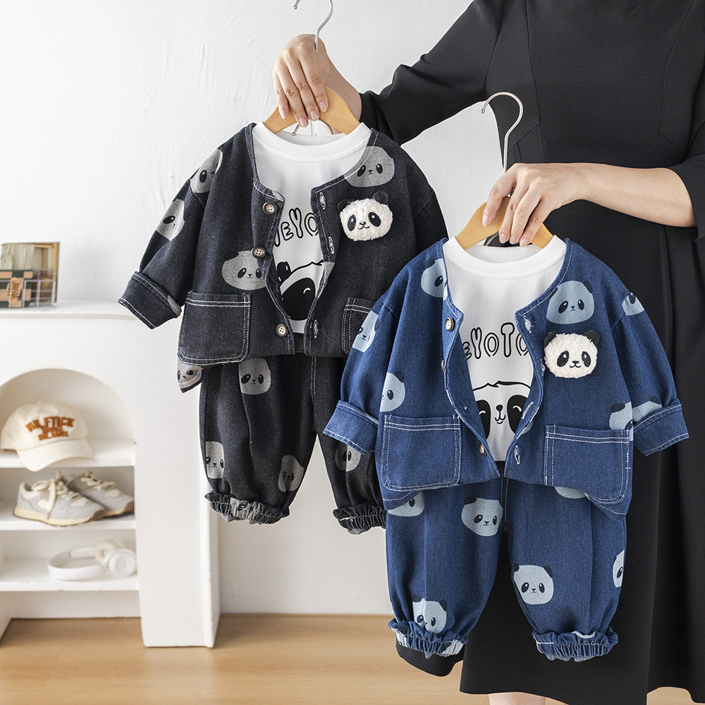 【沫沫家】男女童秋季帅气套装韩版满印牛仔外套时尚童装三件套