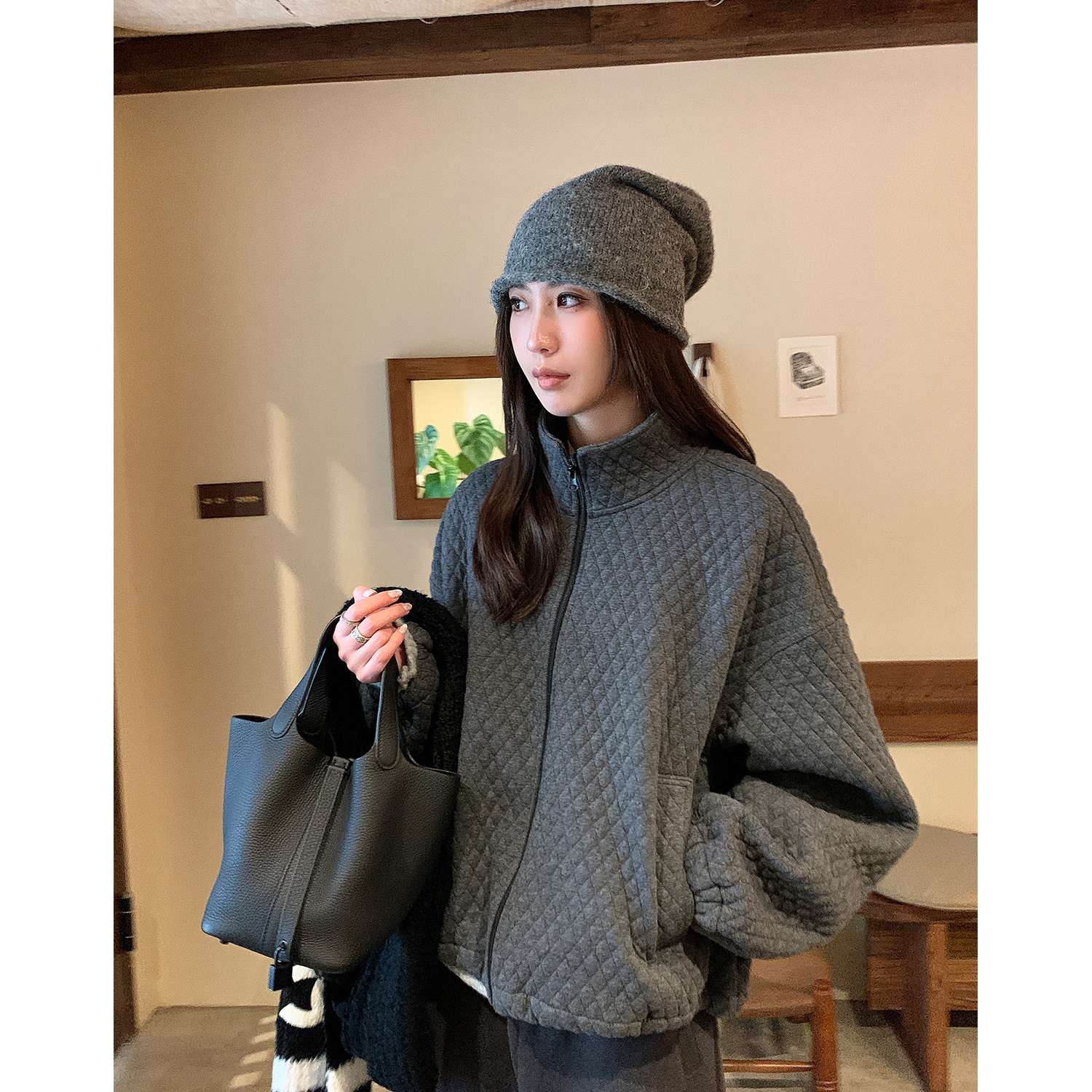 阿一 盐系衍缝加绒厚实保暖立领外套女冬季宽松休闲短款夹克卫衣