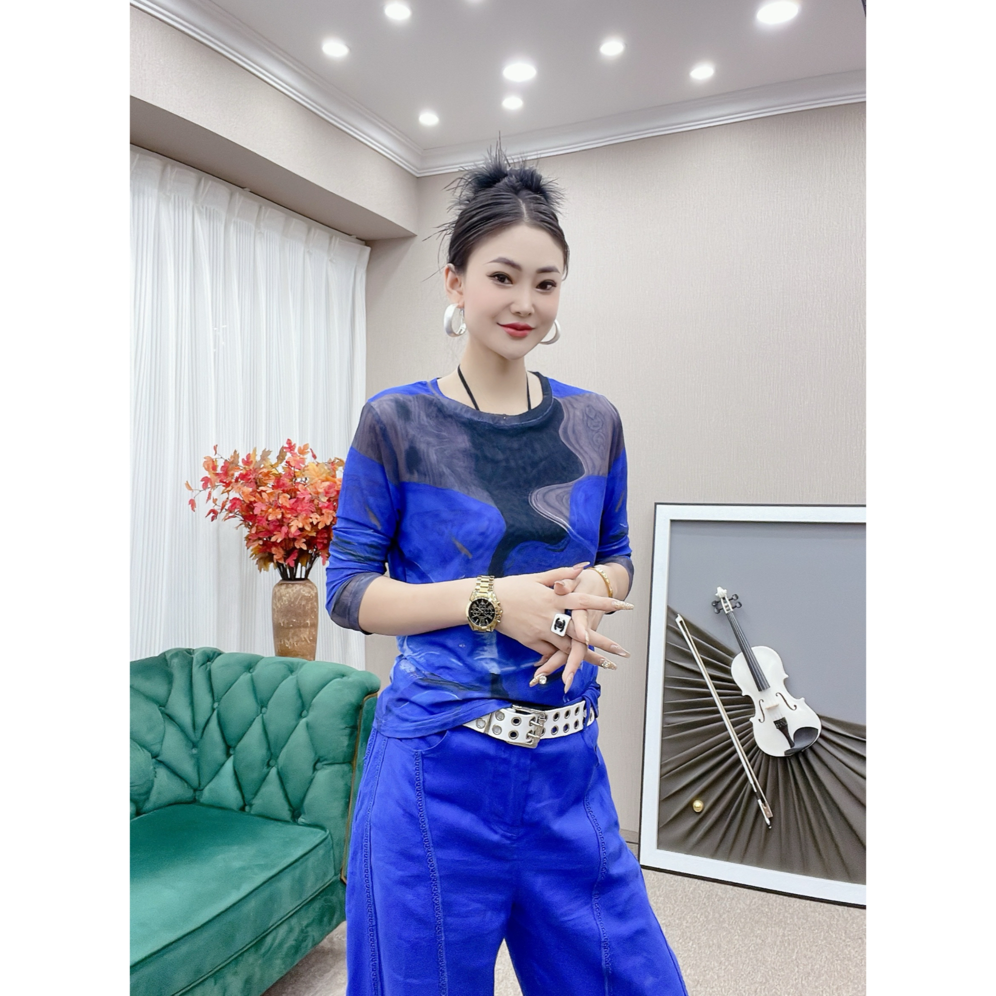 DESMAN【曼玉推荐】T恤休闲风网红印花常规圆领拼接蓝色长袖