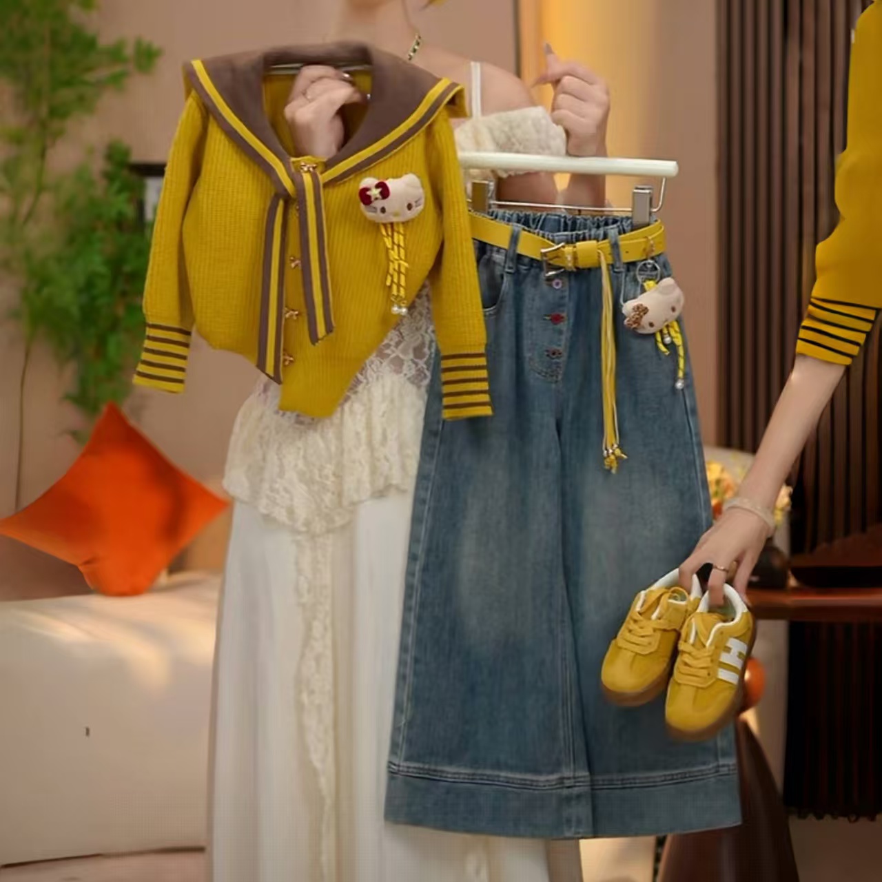 米小逗女童2025秋款上新洋气休闲针织衫外套毛衣牛仔裤套装m0033